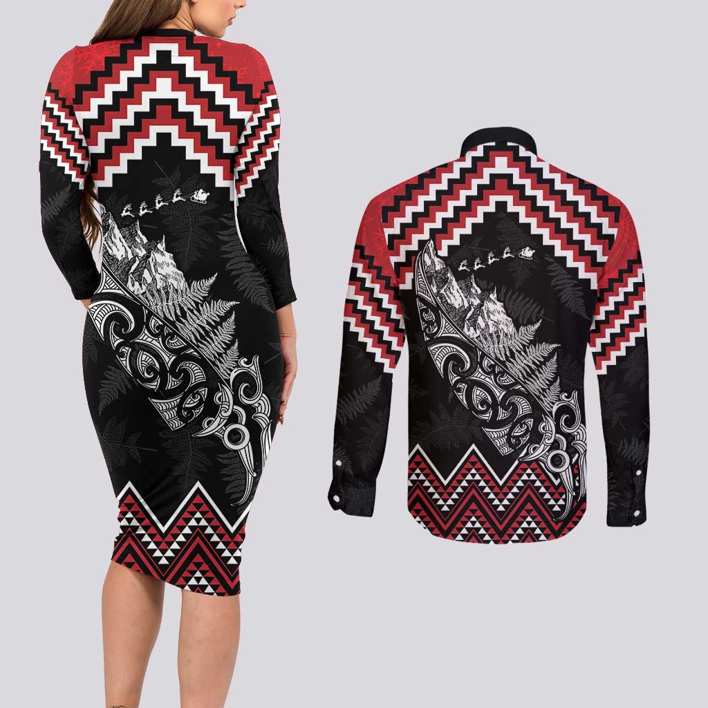 New Zealand Christmas Taniko Poutama Couples Matching Long Sleeve Bodycon Dress and Long Sleeve Button Shirt Mountainscape Maori Fern - Vibe Hoodie