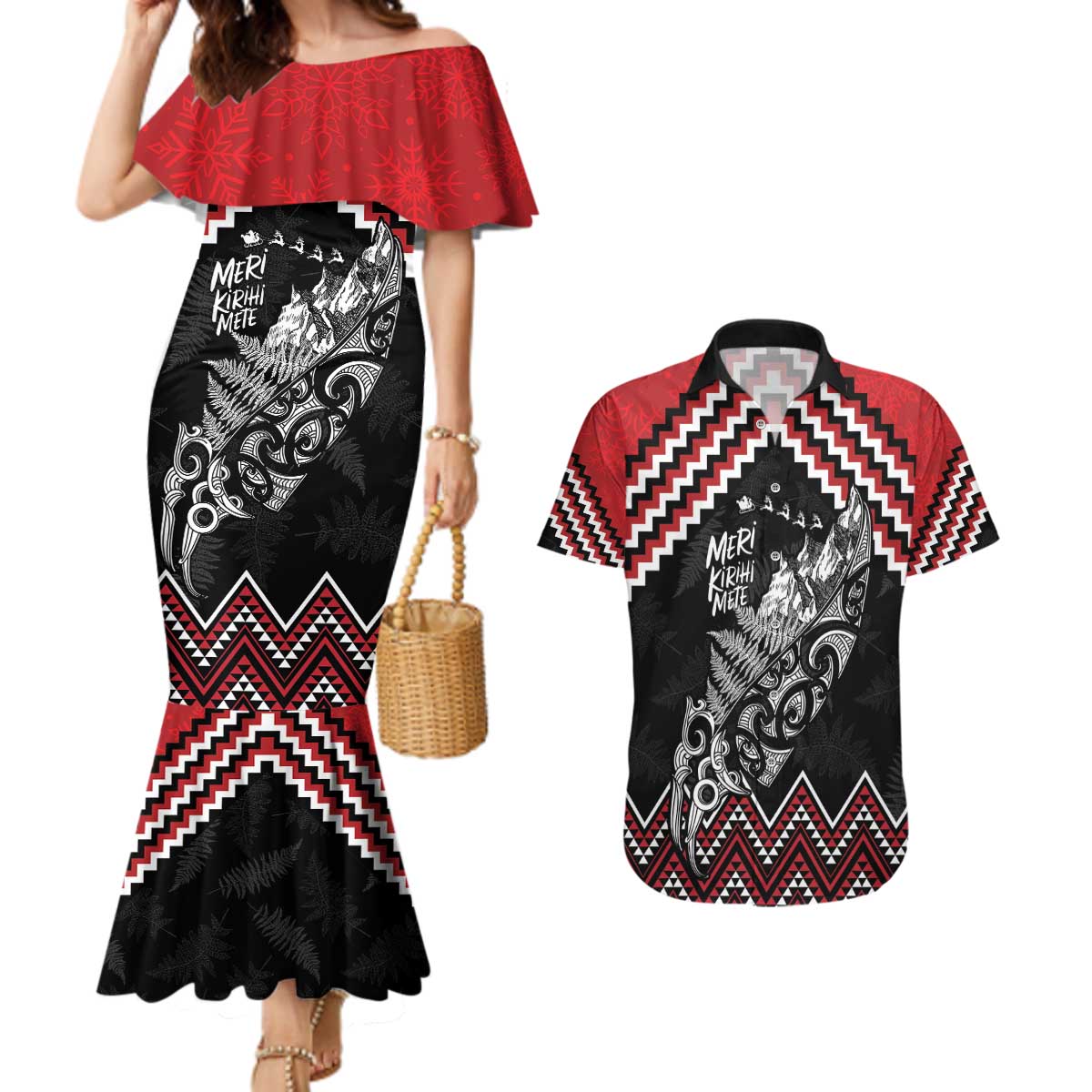 New Zealand Christmas Taniko Poutama Couples Matching Mermaid Dress and Hawaiian Shirt Mountainscape Maori Fern - Vibe Hoodie