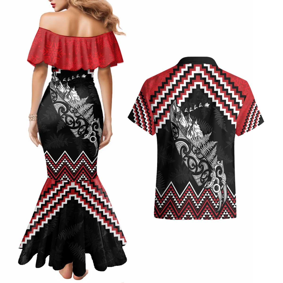 New Zealand Christmas Taniko Poutama Couples Matching Mermaid Dress and Hawaiian Shirt Mountainscape Maori Fern - Vibe Hoodie
