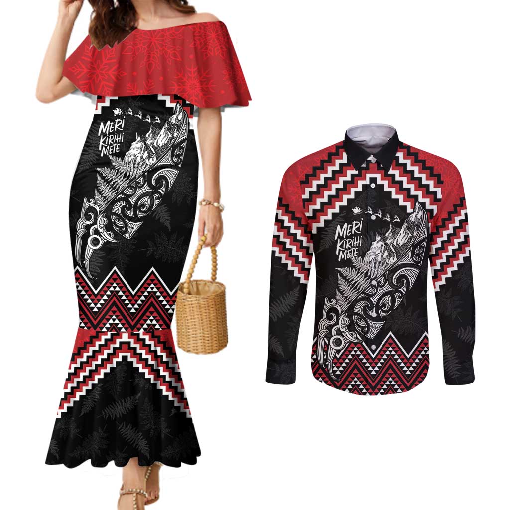 New Zealand Christmas Taniko Poutama Couples Matching Mermaid Dress and Long Sleeve Button Shirt Mountainscape Maori Fern - Vibe Hoodie