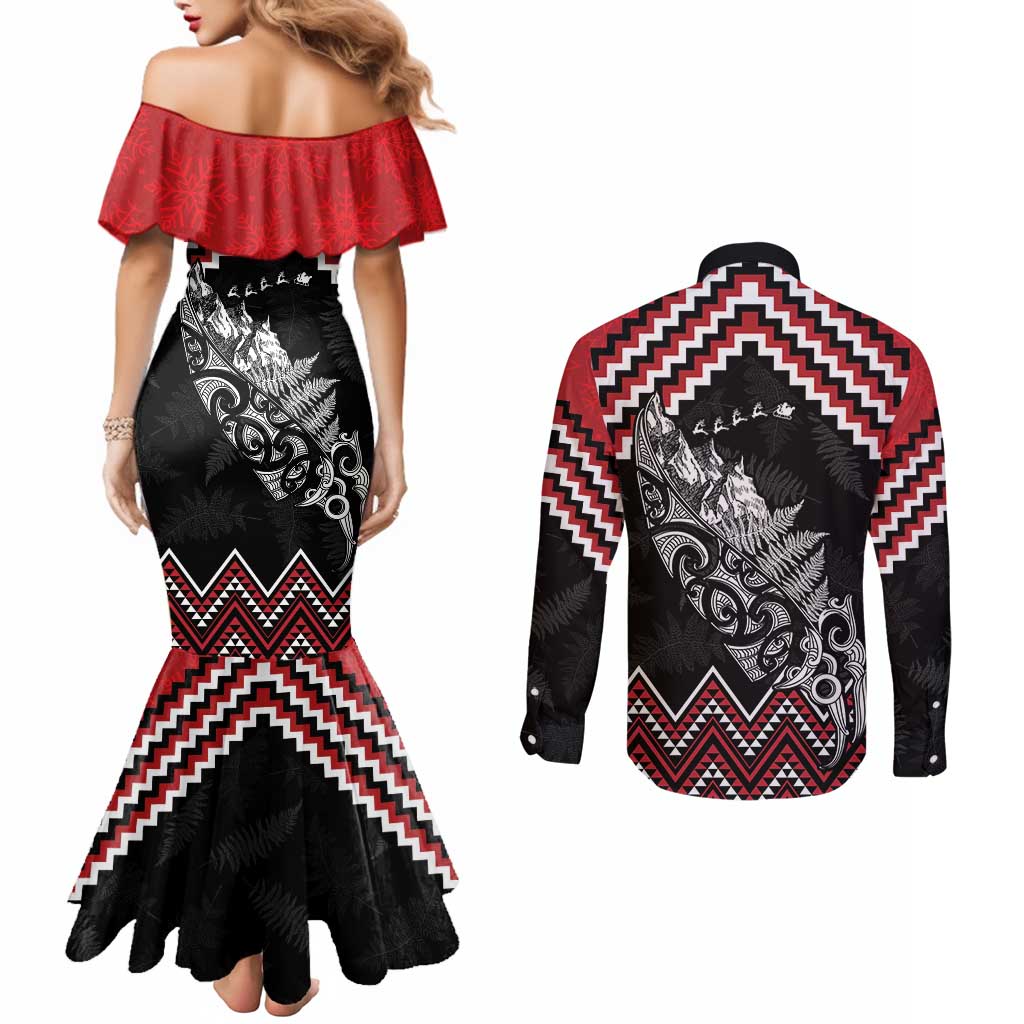 New Zealand Christmas Taniko Poutama Couples Matching Mermaid Dress and Long Sleeve Button Shirt Mountainscape Maori Fern - Vibe Hoodie