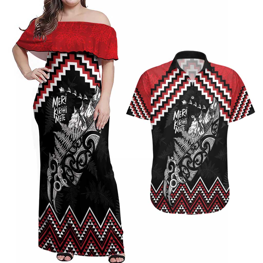 New Zealand Christmas Taniko Poutama Couples Matching Off Shoulder Maxi Dress and Hawaiian Shirt Mountainscape Maori Fern - Vibe Hoodie
