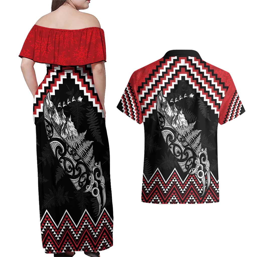 New Zealand Christmas Taniko Poutama Couples Matching Off Shoulder Maxi Dress and Hawaiian Shirt Mountainscape Maori Fern - Vibe Hoodie