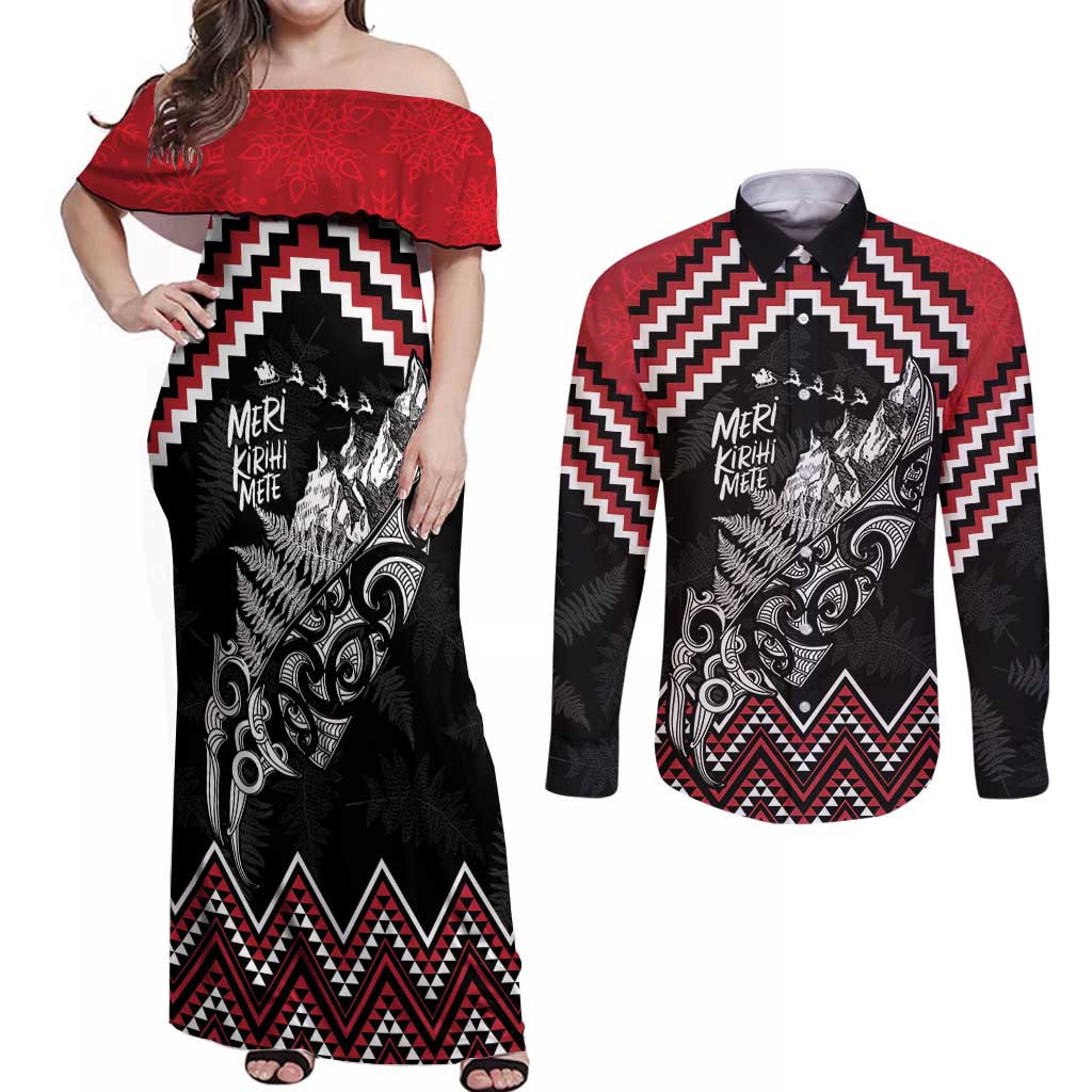 New Zealand Christmas Taniko Poutama Couples Matching Off Shoulder Maxi Dress and Long Sleeve Button Shirt Mountainscape Maori Fern - Vibe Hoodie