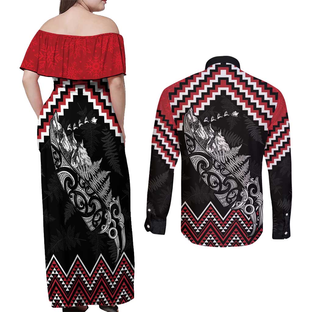 New Zealand Christmas Taniko Poutama Couples Matching Off Shoulder Maxi Dress and Long Sleeve Button Shirt Mountainscape Maori Fern - Vibe Hoodie