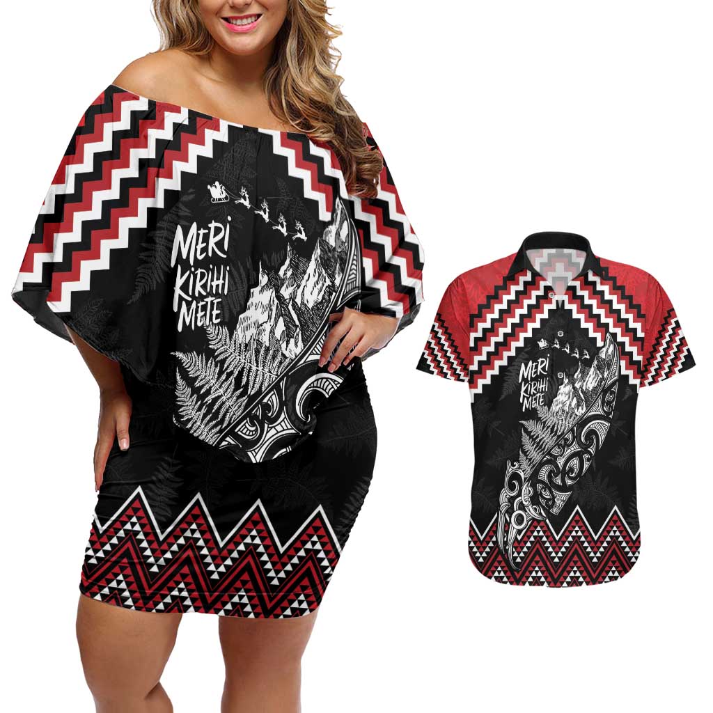 New Zealand Christmas Taniko Poutama Couples Matching Off Shoulder Short Dress and Hawaiian Shirt Mountainscape Maori Fern - Vibe Hoodie