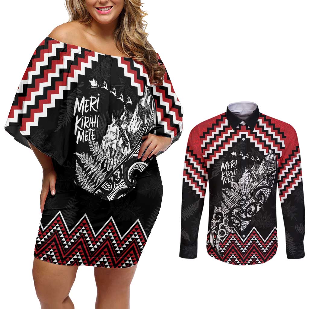 New Zealand Christmas Taniko Poutama Couples Matching Off Shoulder Short Dress and Long Sleeve Button Shirt Mountainscape Maori Fern - Vibe Hoodie