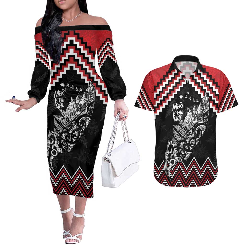 New Zealand Christmas Taniko Poutama Couples Matching Off The Shoulder Long Sleeve Dress and Hawaiian Shirt Mountainscape Maori Fern - Vibe Hoodie