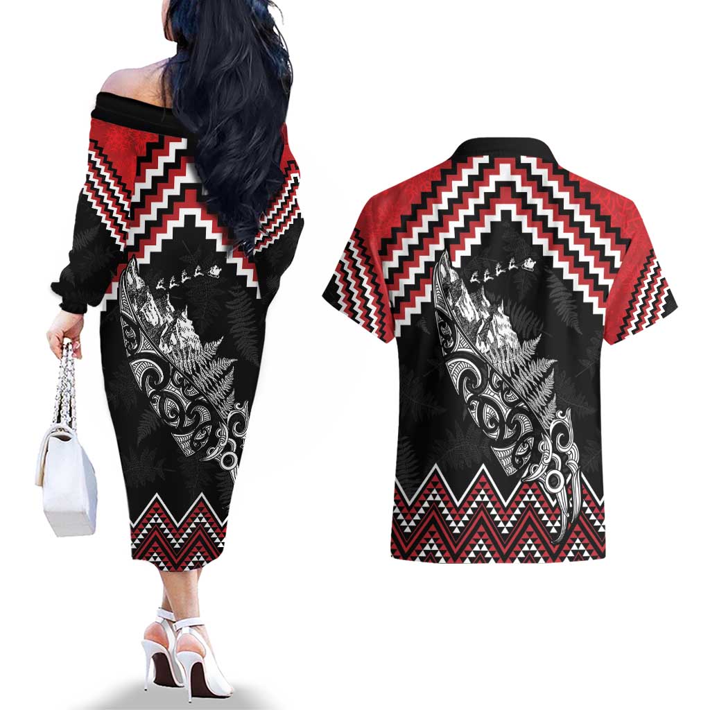 New Zealand Christmas Taniko Poutama Couples Matching Off The Shoulder Long Sleeve Dress and Hawaiian Shirt Mountainscape Maori Fern - Vibe Hoodie