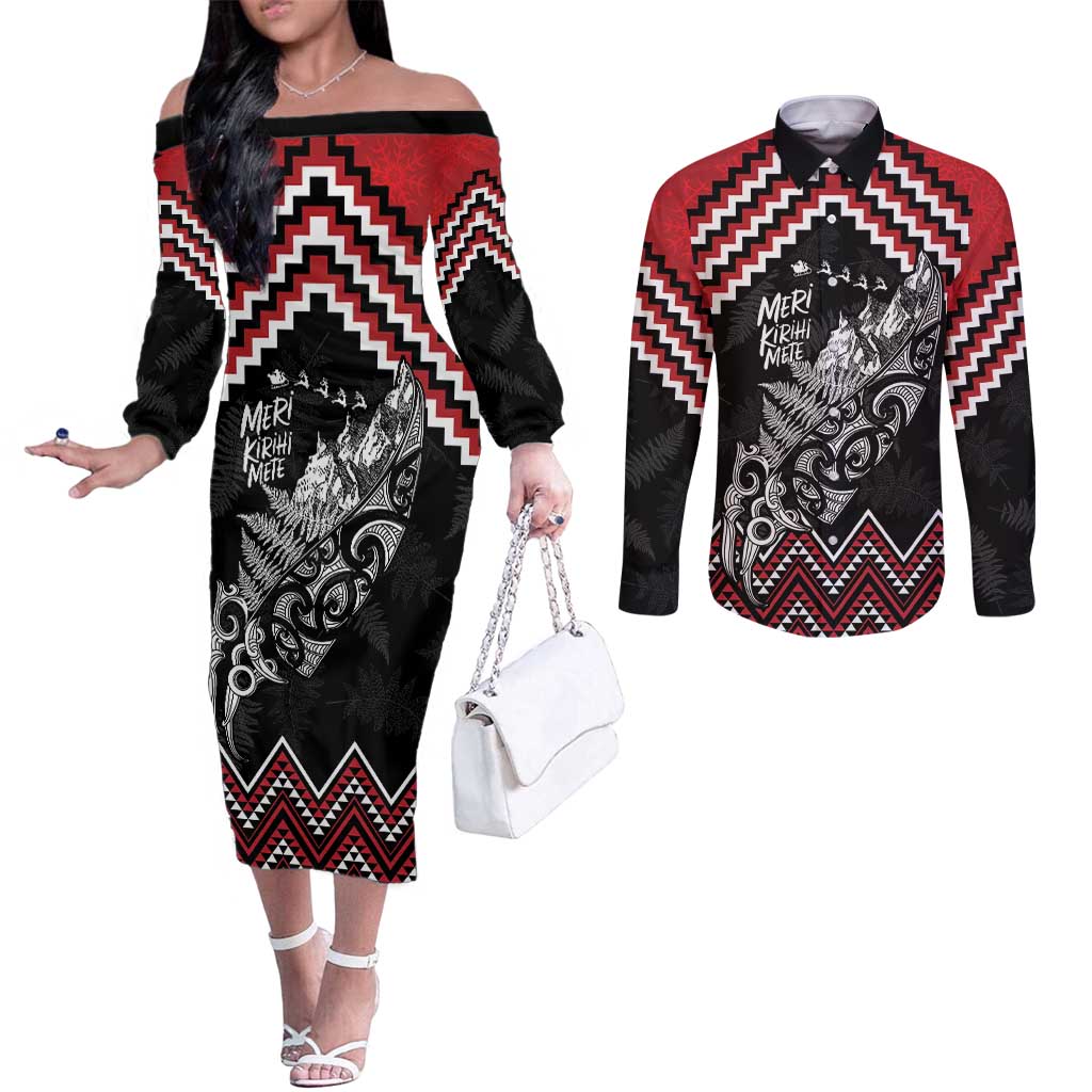 New Zealand Christmas Taniko Poutama Couples Matching Off The Shoulder Long Sleeve Dress and Long Sleeve Button Shirt Mountainscape Maori Fern - Vibe Hoodie