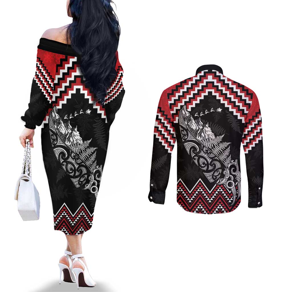 New Zealand Christmas Taniko Poutama Couples Matching Off The Shoulder Long Sleeve Dress and Long Sleeve Button Shirt Mountainscape Maori Fern - Vibe Hoodie