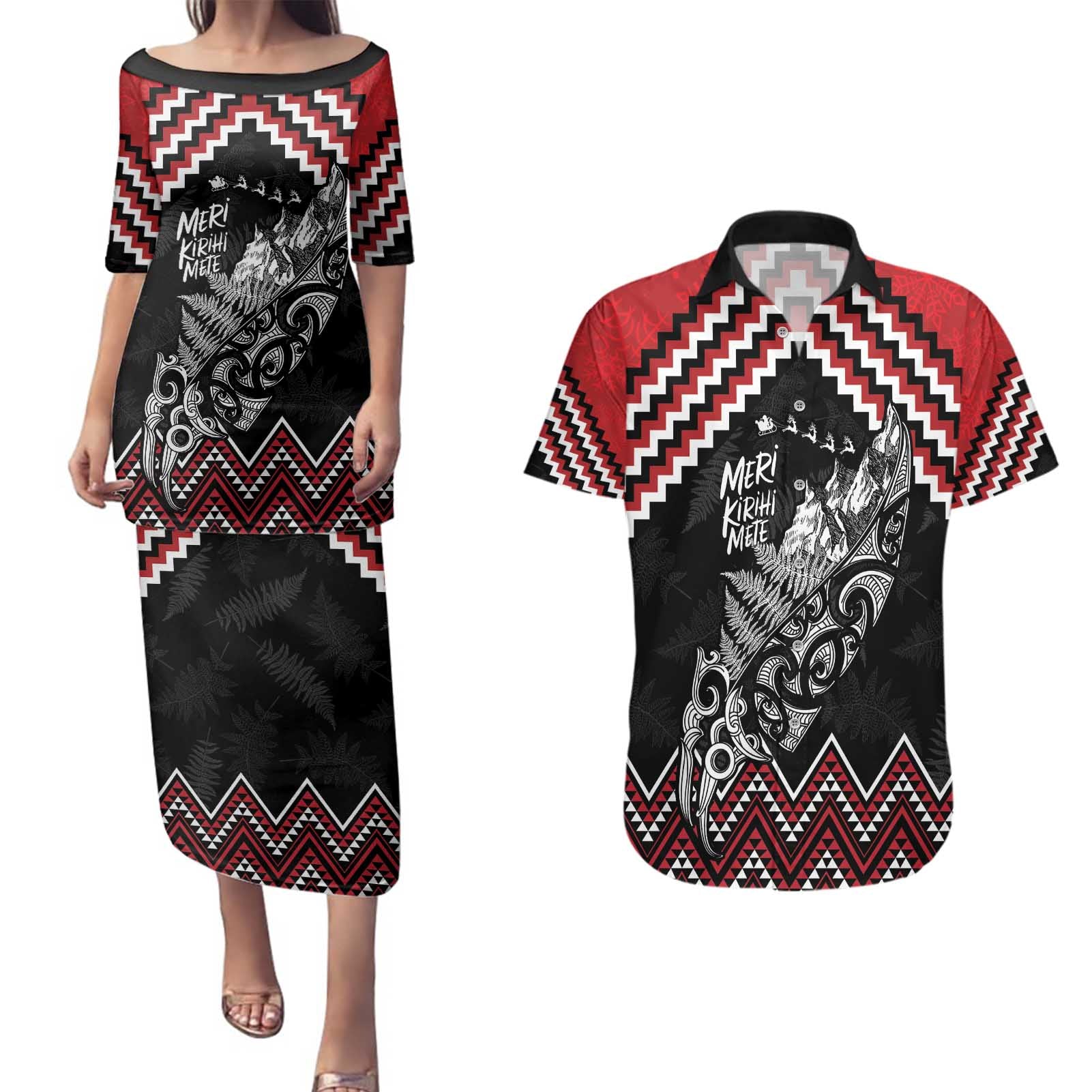 New Zealand Christmas Taniko Poutama Couples Matching Puletasi and Hawaiian Shirt Mountainscape Maori Fern - Vibe Hoodie