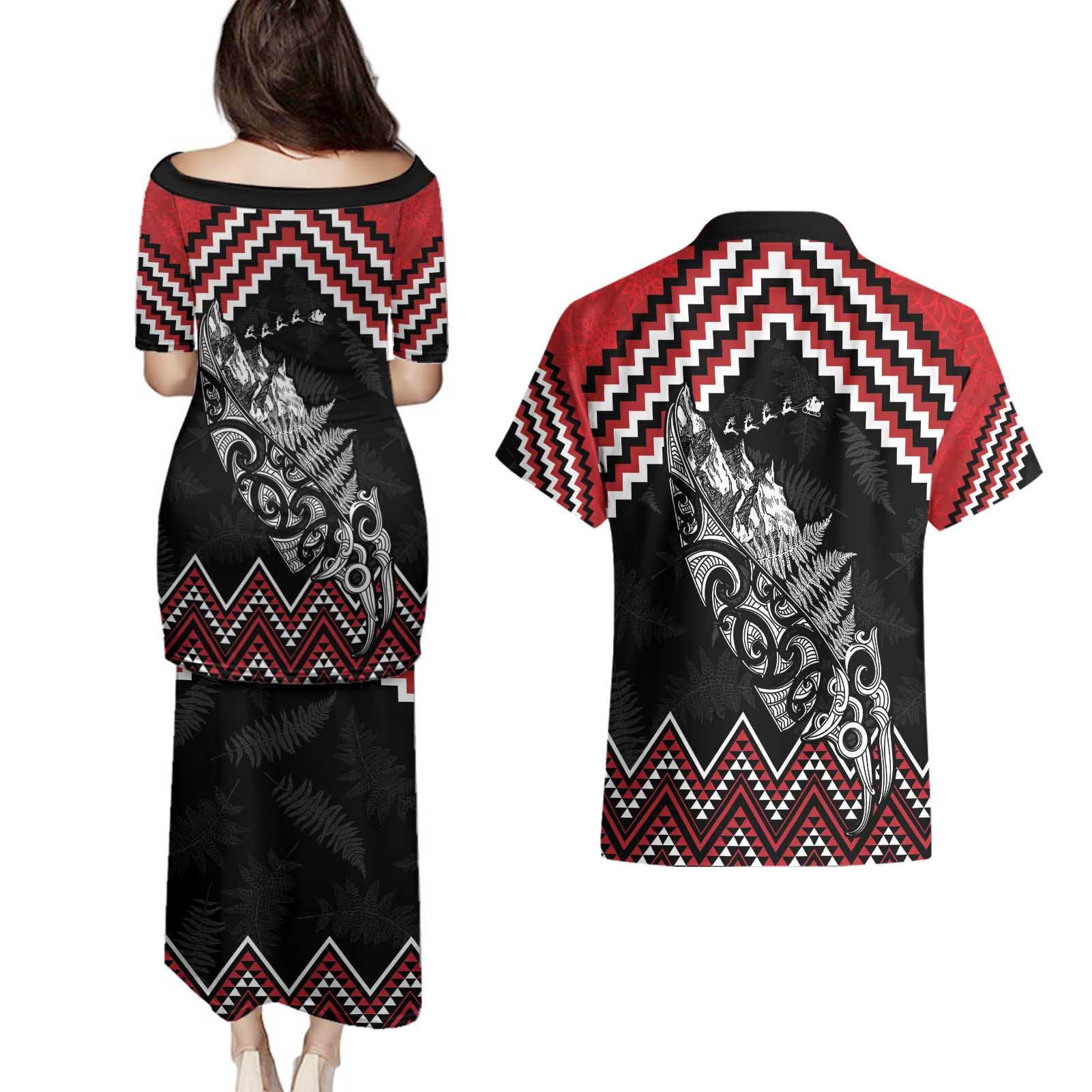 New Zealand Christmas Taniko Poutama Couples Matching Puletasi and Hawaiian Shirt Mountainscape Maori Fern - Vibe Hoodie