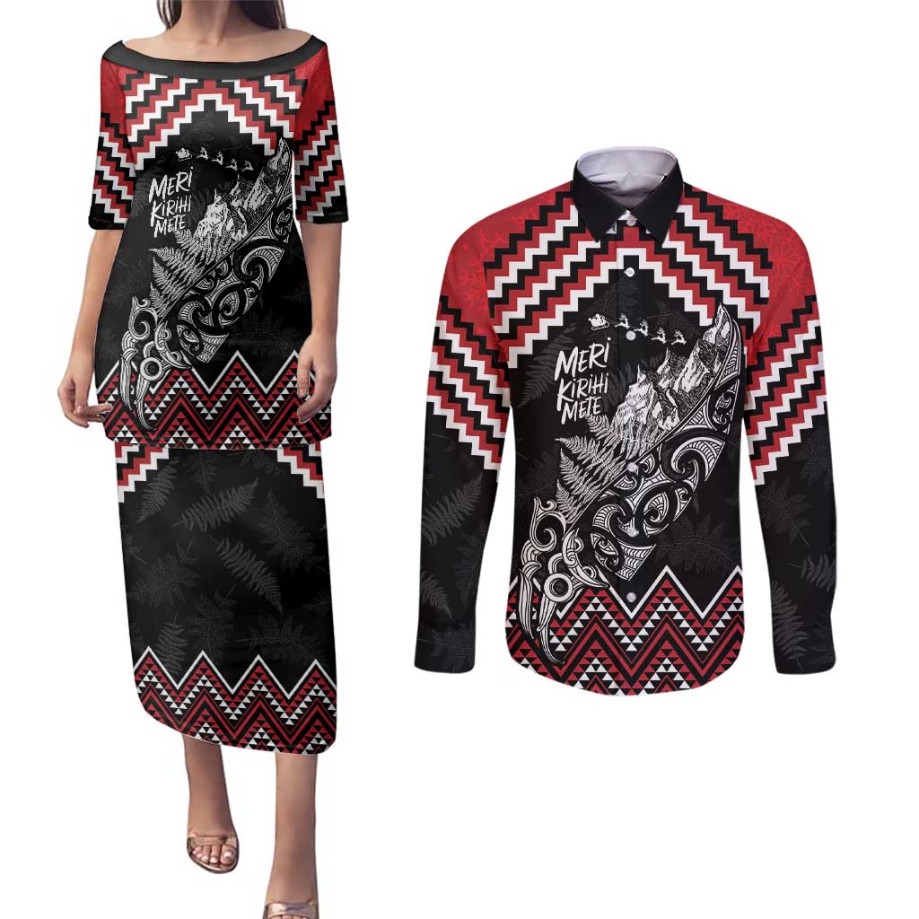 New Zealand Christmas Taniko Poutama Couples Matching Puletasi and Long Sleeve Button Shirt Mountainscape Maori Fern - Vibe Hoodie