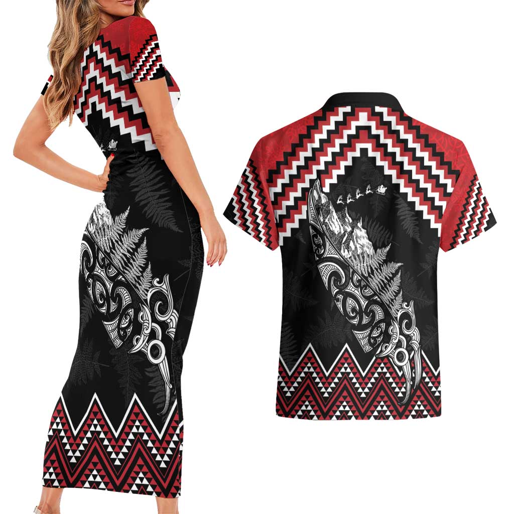 New Zealand Christmas Taniko Poutama Couples Matching Short Sleeve Bodycon Dress and Hawaiian Shirt Mountainscape Maori Fern - Vibe Hoodie