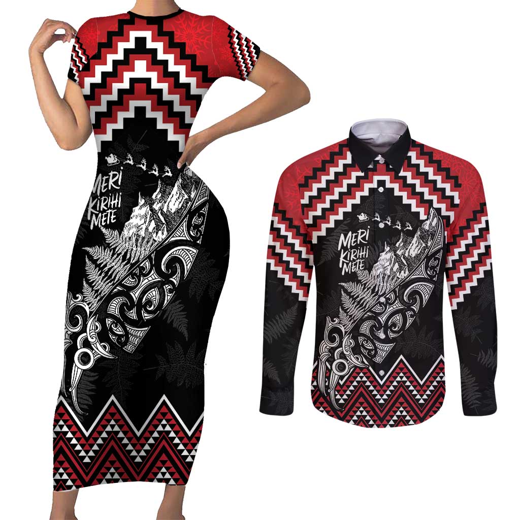New Zealand Christmas Taniko Poutama Couples Matching Short Sleeve Bodycon Dress and Long Sleeve Button Shirt Mountainscape Maori Fern - Vibe Hoodie