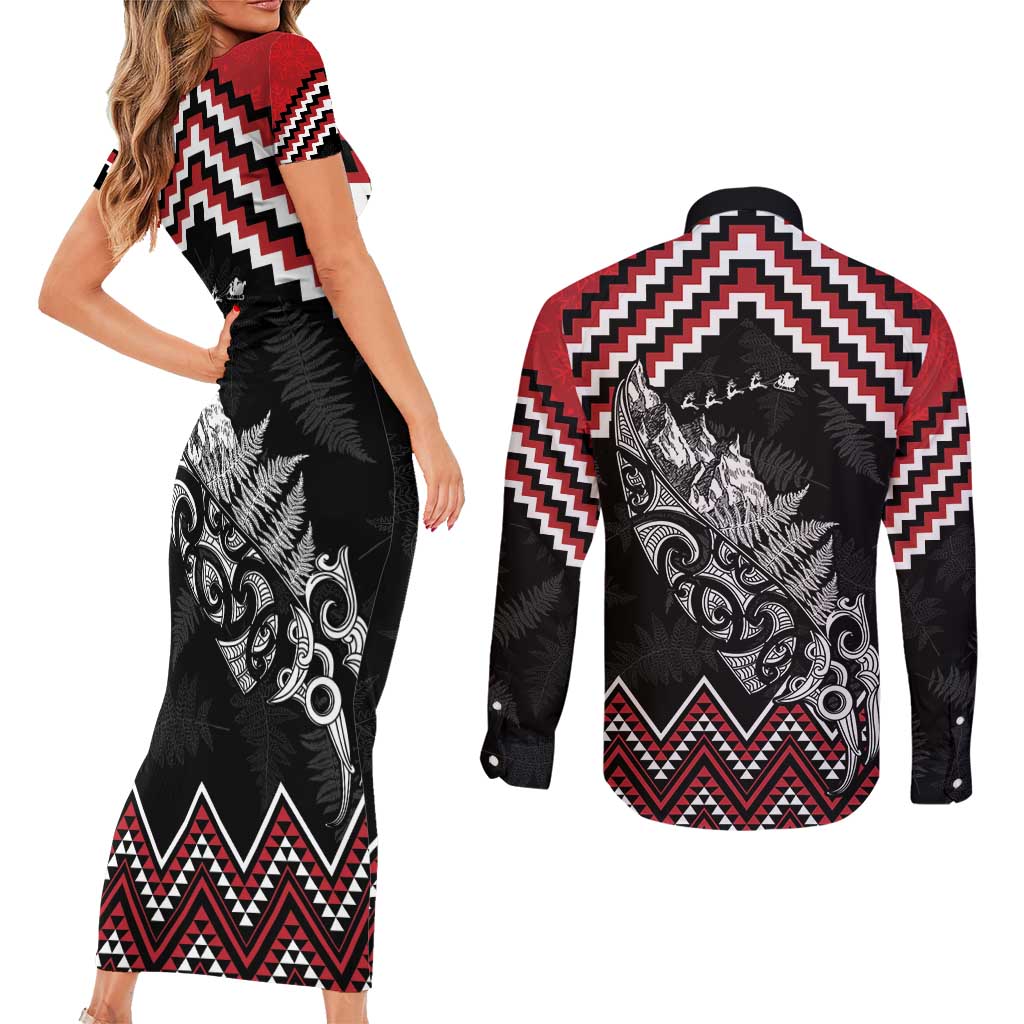 New Zealand Christmas Taniko Poutama Couples Matching Short Sleeve Bodycon Dress and Long Sleeve Button Shirt Mountainscape Maori Fern - Vibe Hoodie