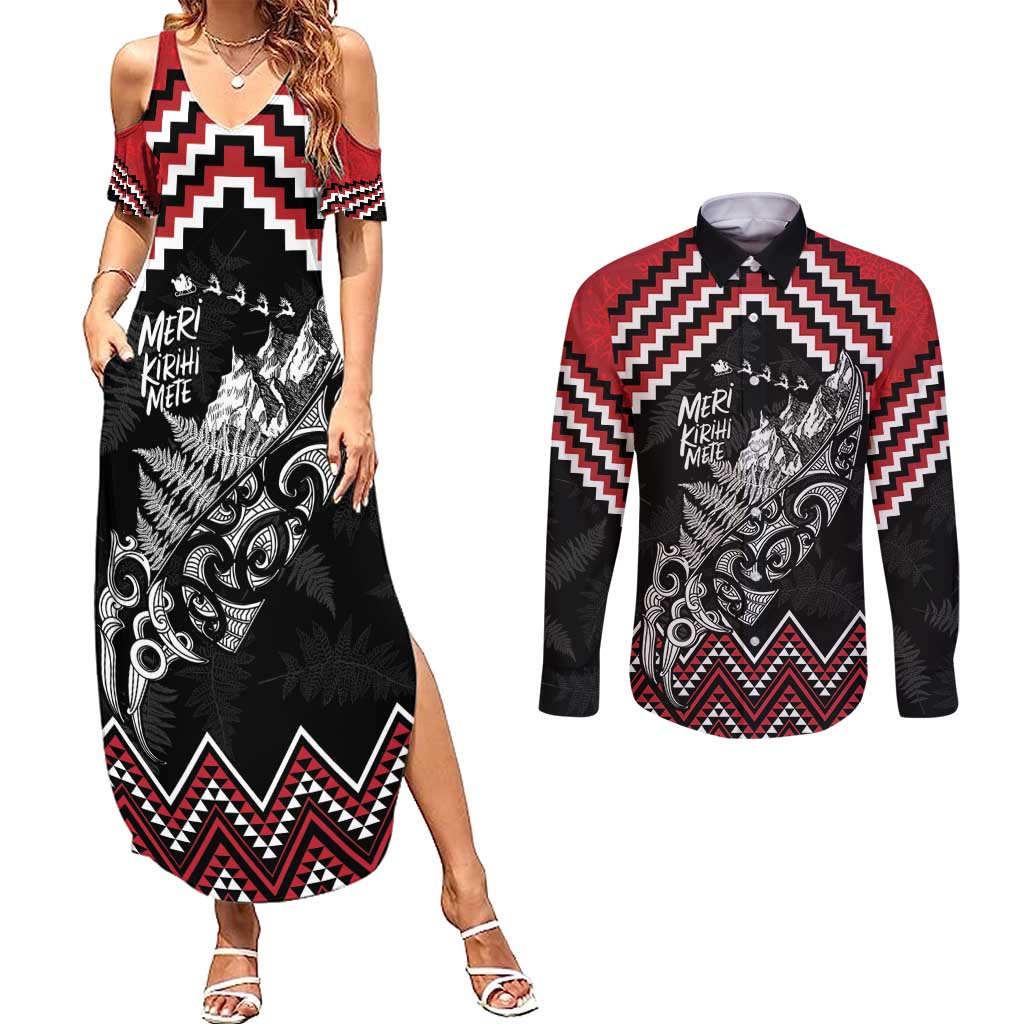 New Zealand Christmas Taniko Poutama Couples Matching Summer Maxi Dress and Long Sleeve Button Shirt Mountainscape Maori Fern - Vibe Hoodie