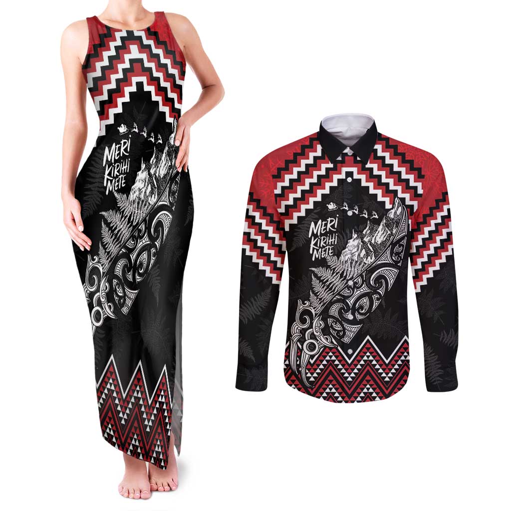 New Zealand Christmas Taniko Poutama Couples Matching Tank Maxi Dress and Long Sleeve Button Shirt Mountainscape Maori Fern - Vibe Hoodie