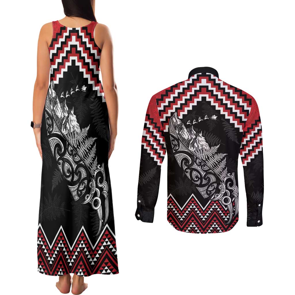 New Zealand Christmas Taniko Poutama Couples Matching Tank Maxi Dress and Long Sleeve Button Shirt Mountainscape Maori Fern - Vibe Hoodie
