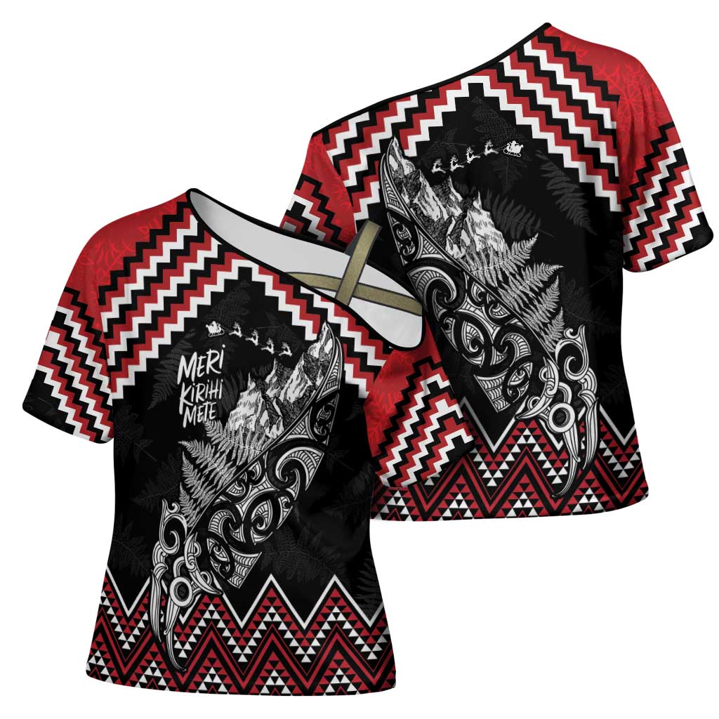 New Zealand Christmas Taniko Poutama Cross Shoulder Shirt Mountainscape Maori Fern - Vibe Hoodie