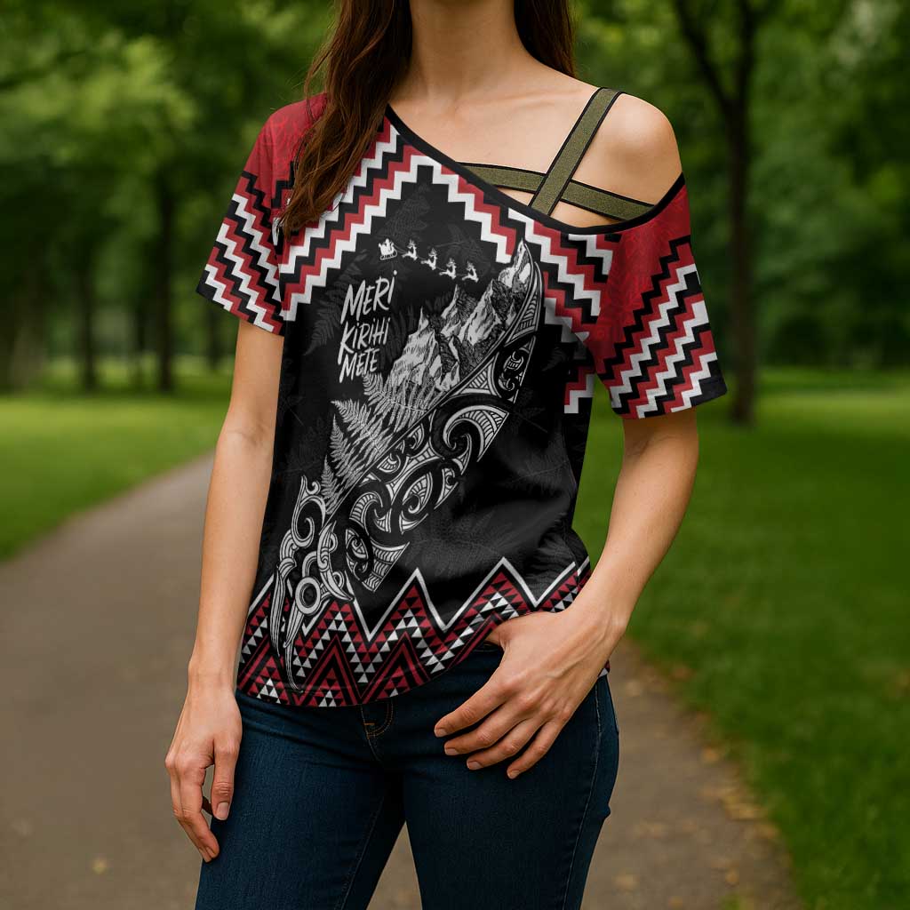 New Zealand Christmas Taniko Poutama Cross Shoulder Shirt Mountainscape Maori Fern - Vibe Hoodie