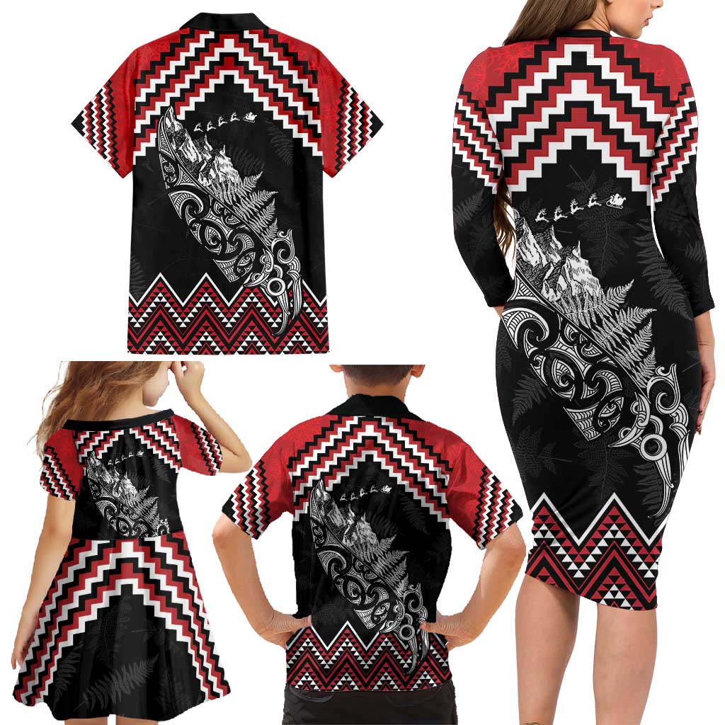 New Zealand Christmas Taniko Poutama Family Matching Long Sleeve Bodycon Dress and Hawaiian Shirt Mountainscape Maori Fern - Vibe Hoodie