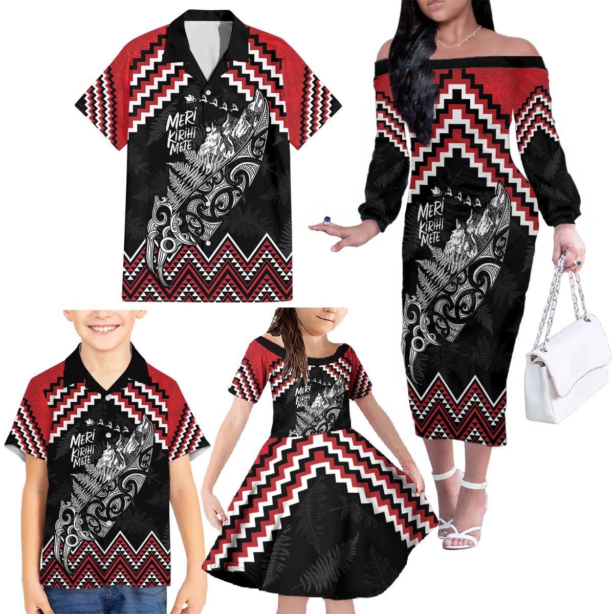 New Zealand Christmas Taniko Poutama Family Matching Off The Shoulder Long Sleeve Dress and Hawaiian Shirt Mountainscape Maori Fern - Vibe Hoodie