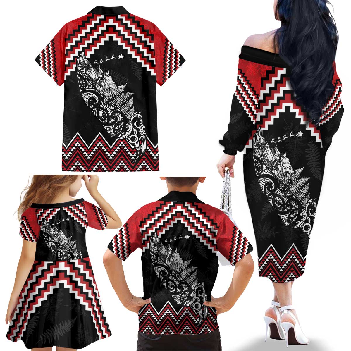 New Zealand Christmas Taniko Poutama Family Matching Off The Shoulder Long Sleeve Dress and Hawaiian Shirt Mountainscape Maori Fern - Vibe Hoodie