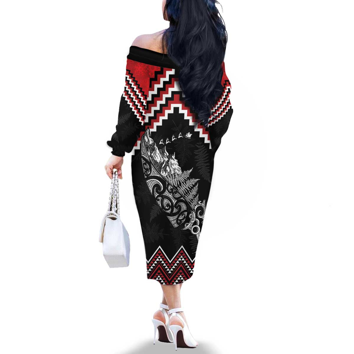 New Zealand Christmas Taniko Poutama Family Matching Off The Shoulder Long Sleeve Dress and Hawaiian Shirt Mountainscape Maori Fern - Vibe Hoodie