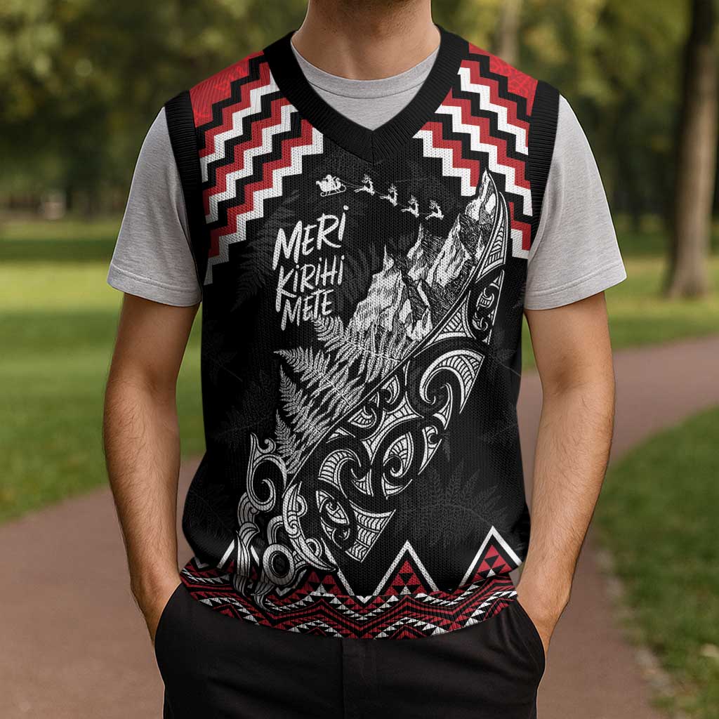 New Zealand Christmas Taniko Poutama Christmas Knitted V-Neck Vest Mountainscape Maori Fern - Vibe Hoodie