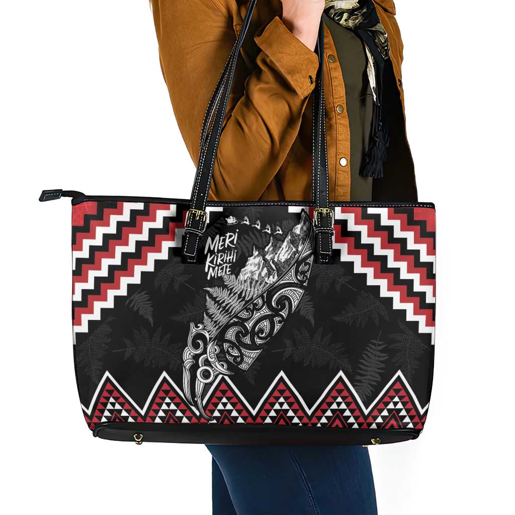 New Zealand Christmas Taniko Poutama Leather Tote Bag Mountainscape Maori Fern - Vibe Hoodie