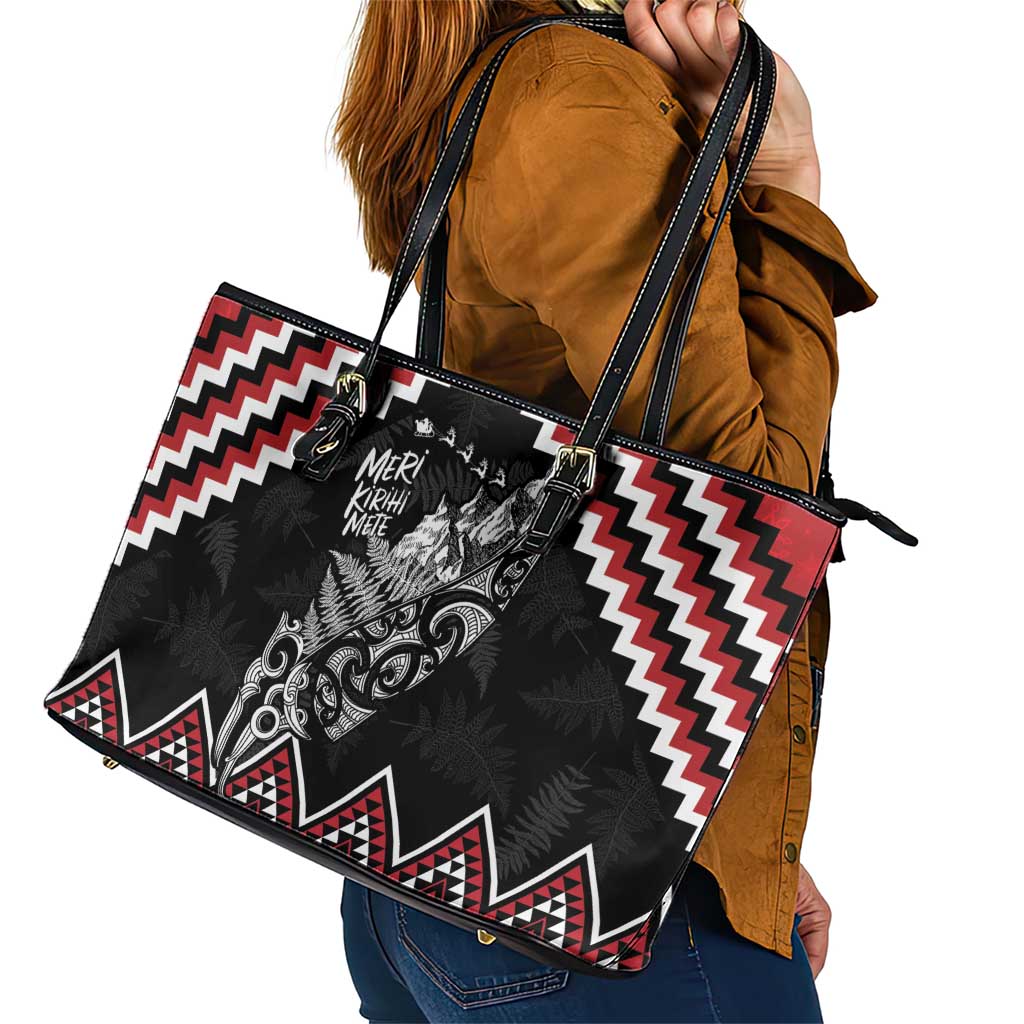 New Zealand Christmas Taniko Poutama Leather Tote Bag Mountainscape Maori Fern - Vibe Hoodie