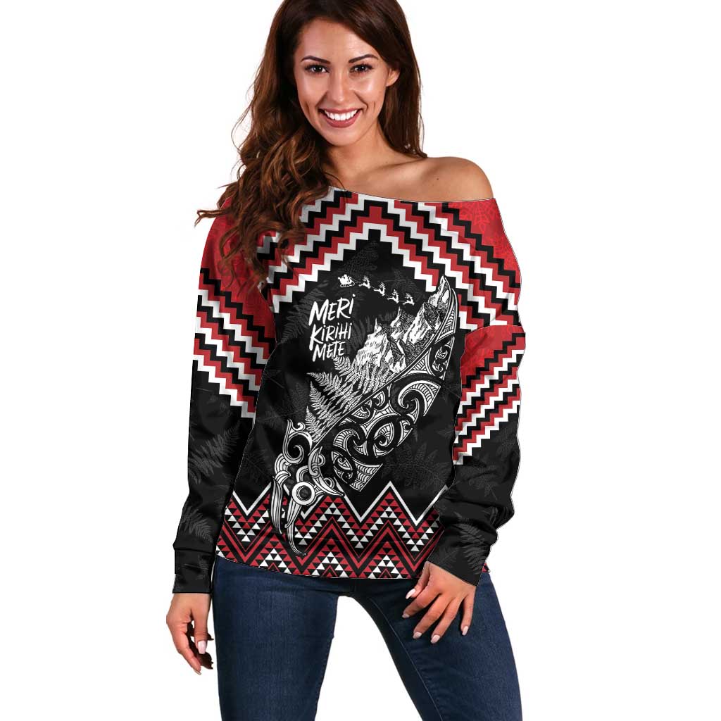 New Zealand Christmas Taniko Poutama Off Shoulder Sweater Mountainscape Maori Fern - Vibe Hoodie