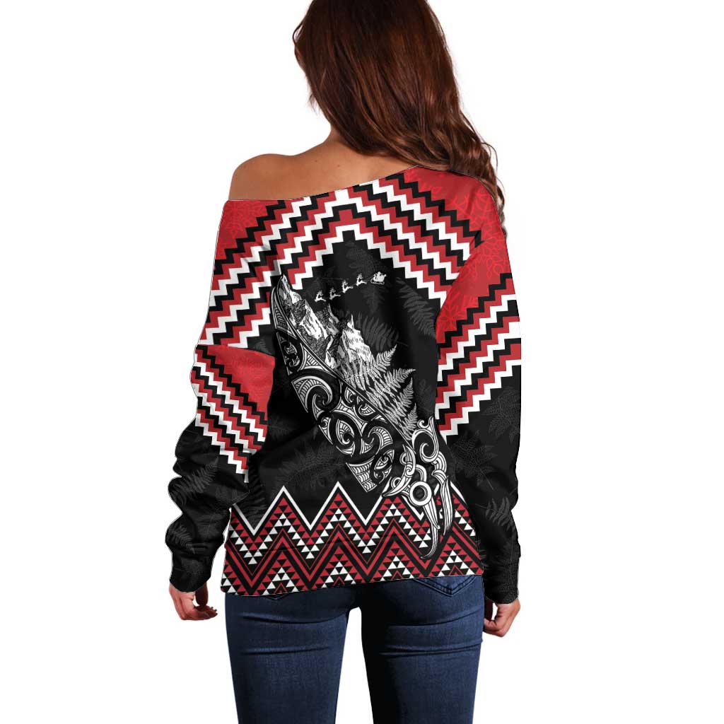 New Zealand Christmas Taniko Poutama Off Shoulder Sweater Mountainscape Maori Fern - Vibe Hoodie