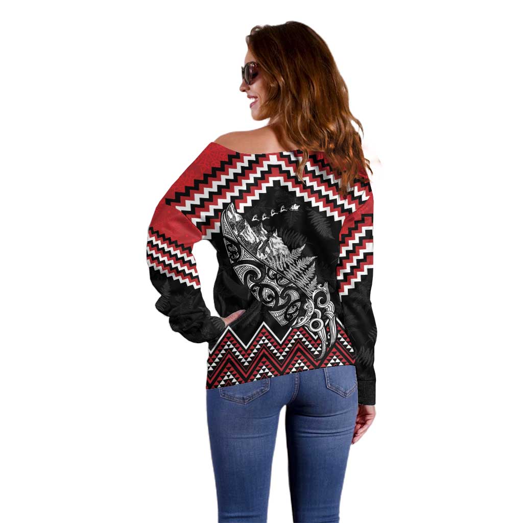 New Zealand Christmas Taniko Poutama Off Shoulder Sweater Mountainscape Maori Fern - Vibe Hoodie