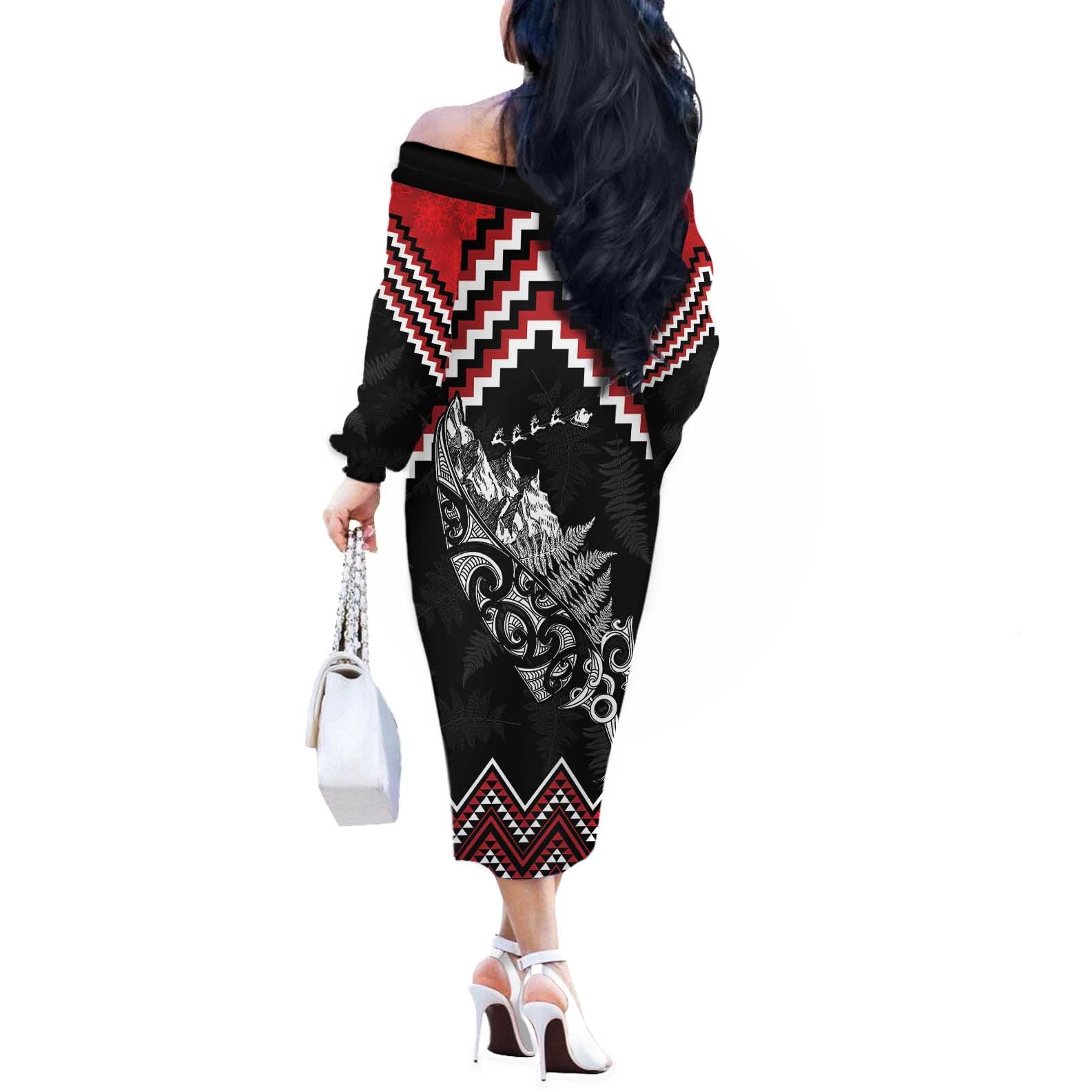 New Zealand Christmas Taniko Poutama Off The Shoulder Long Sleeve Dress Mountainscape Maori Fern - Vibe Hoodie