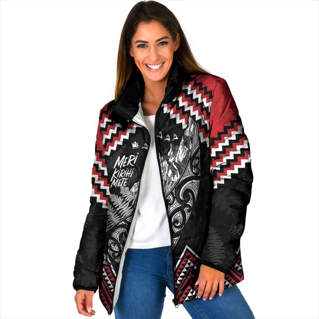 New Zealand Christmas Taniko Poutama Padded Jacket Mountainscape Maori Fern - Vibe Hoodie