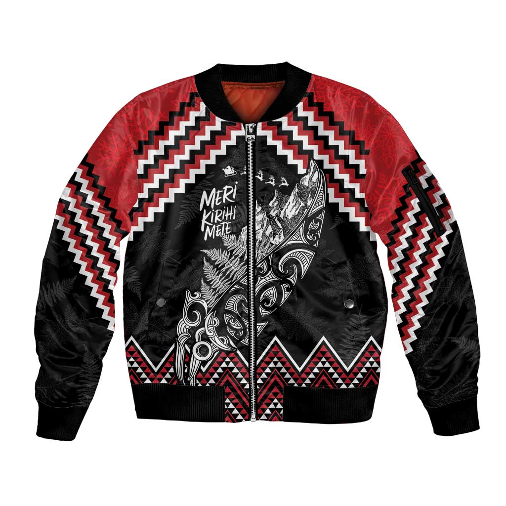 New Zealand Christmas Taniko Poutama Sleeve Zip Bomber Jacket Mountainscape Maori Fern - Vibe Hoodie