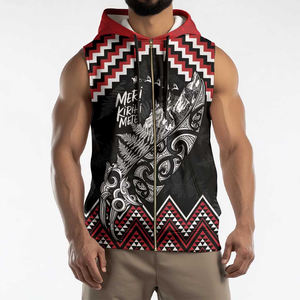 New Zealand Christmas Taniko Poutama Sleeveless Zip Hoodie Mountainscape Maori Fern - Vibe Hoodie