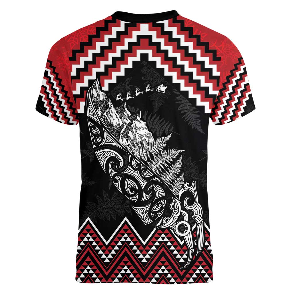 New Zealand Christmas Taniko Poutama Women V-Neck T-Shirt Mountainscape Maori Fern - Vibe Hoodie