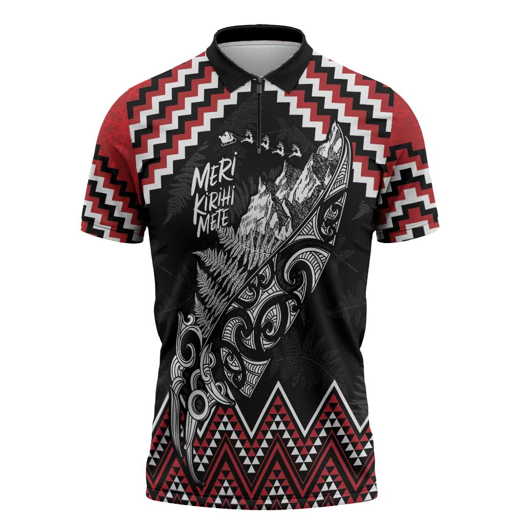 New Zealand Christmas Taniko Poutama Zipper Polo Shirt Mountainscape Maori Fern - Vibe Hoodie