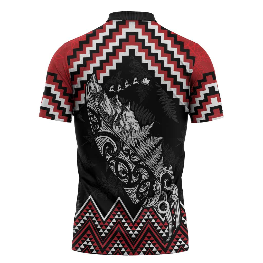 New Zealand Christmas Taniko Poutama Zipper Polo Shirt Mountainscape Maori Fern - Vibe Hoodie