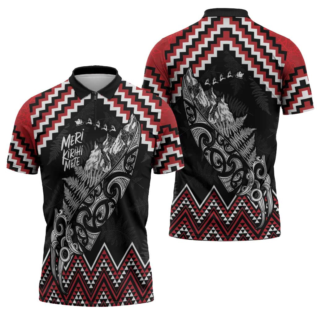 New Zealand Christmas Taniko Poutama Zipper Polo Shirt Mountainscape Maori Fern - Vibe Hoodie