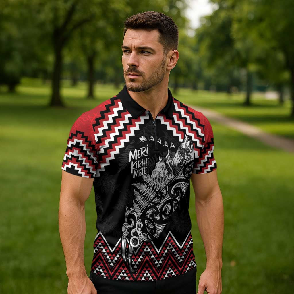 New Zealand Christmas Taniko Poutama Zipper Polo Shirt Mountainscape Maori Fern - Vibe Hoodie