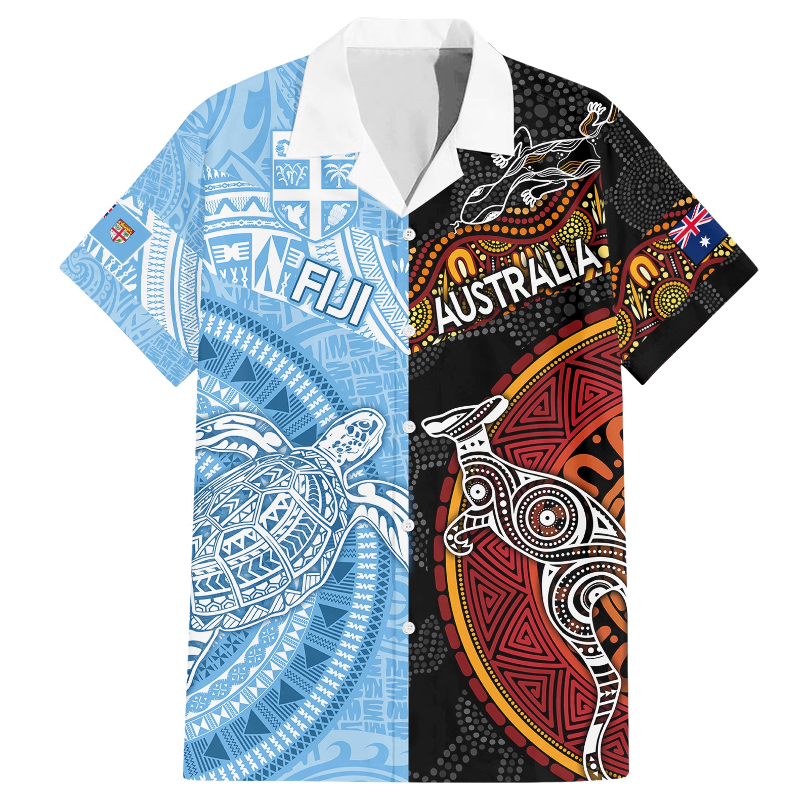 Personalised Fiji and Australia Hawaiian Shirt Masi Patterns Mix Aboriginal Art - Vibe Hoodie Shop
