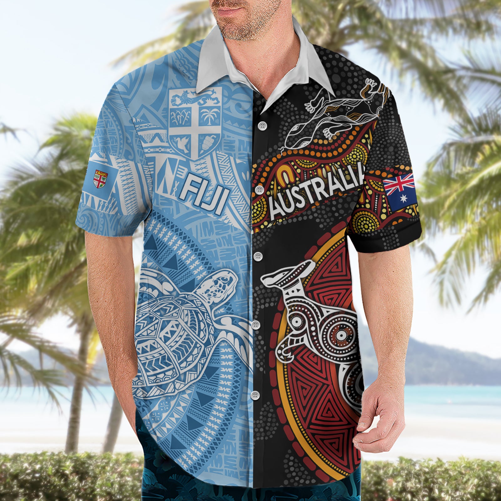 Personalised Fiji and Australia Hawaiian Shirt Masi Patterns Mix Aboriginal Art - Vibe Hoodie Shop