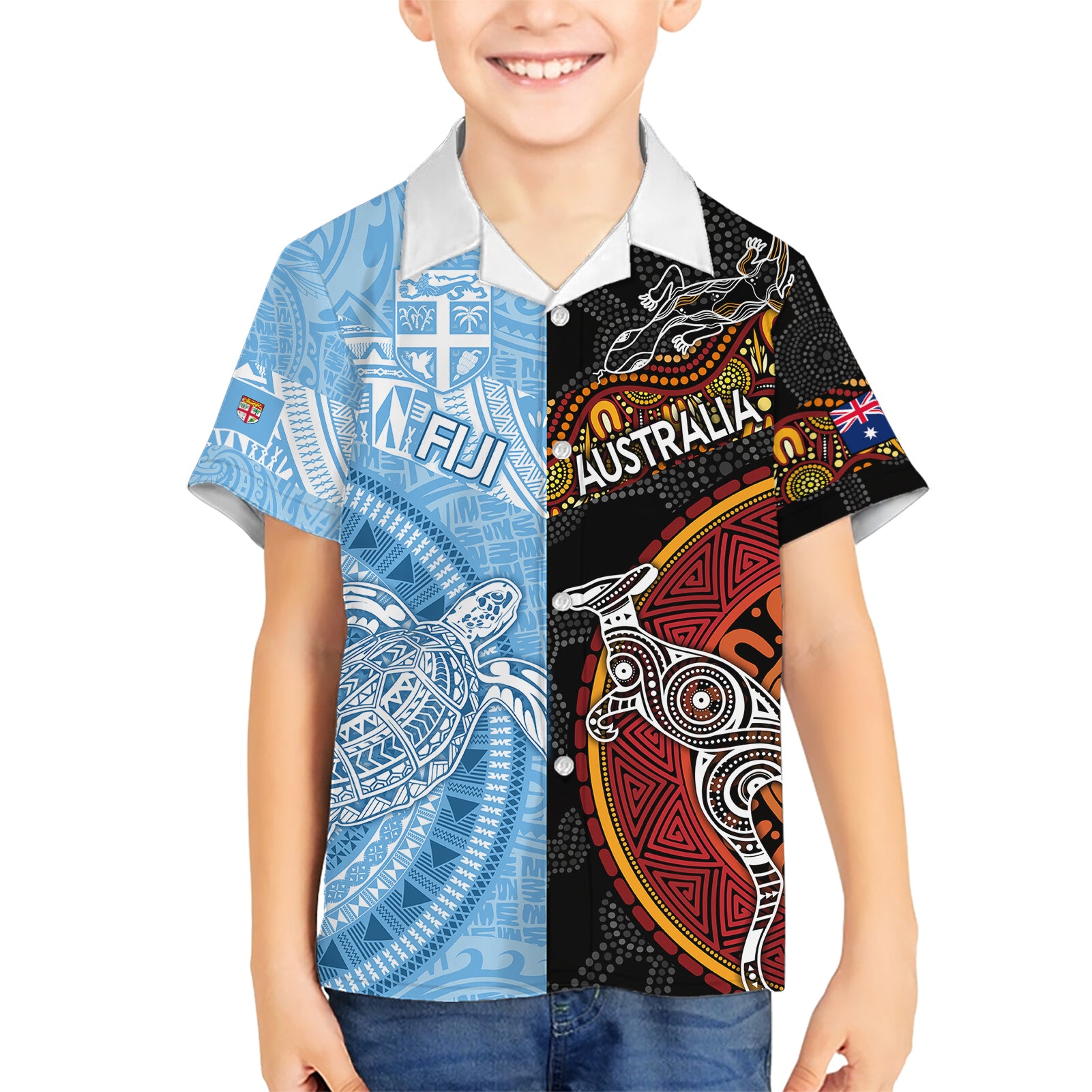 Personalised Fiji and Australia Hawaiian Shirt Masi Patterns Mix Aboriginal Art - Vibe Hoodie Shop