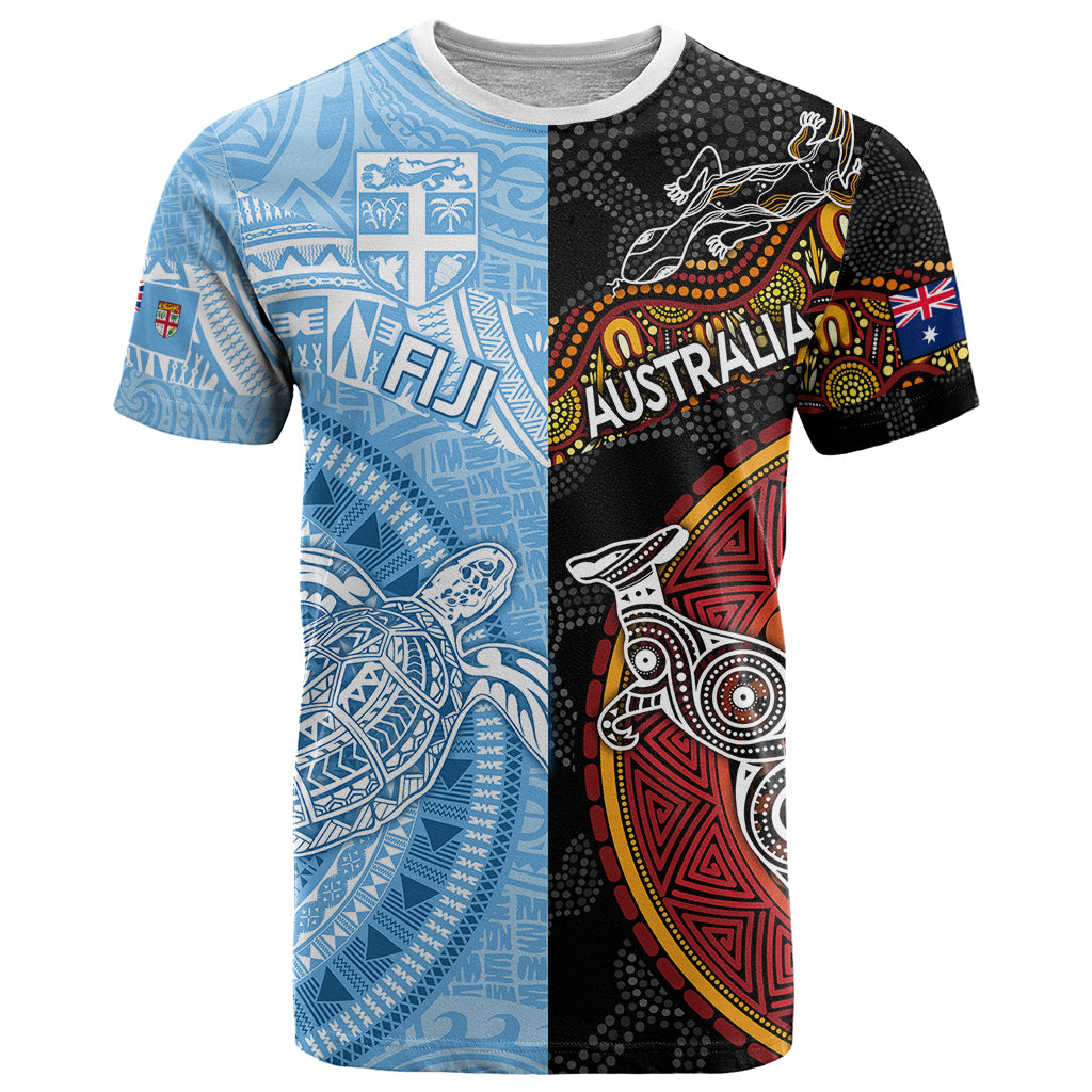 Personalised Fiji and Australia T Shirt Masi Patterns Mix Aboriginal Art - Vibe Hoodie Shop