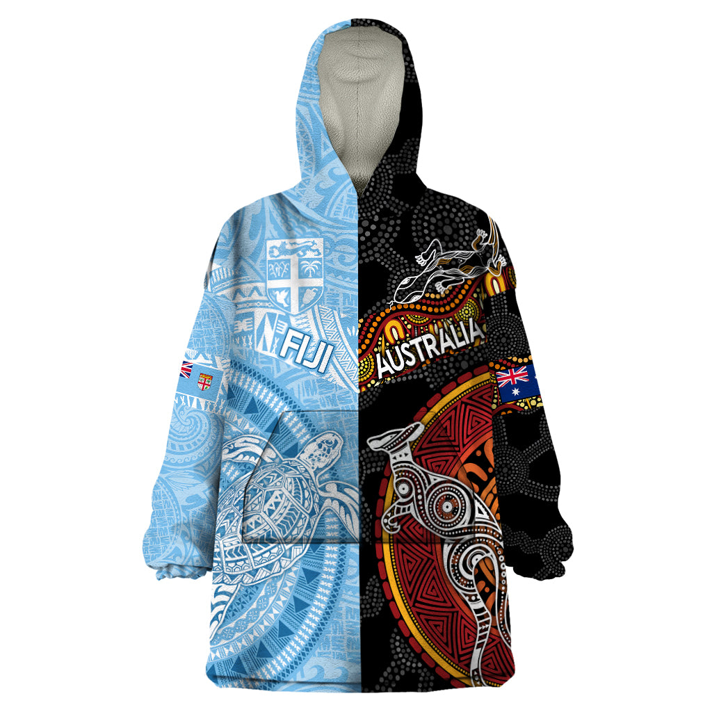 Personalised Fiji and Australia Wearable Blanket Hoodie Masi Patterns Mix Aboriginal Art - Vibe Hoodie Shop